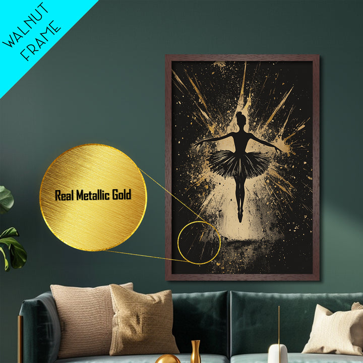 Ballerina In Shadows Metallic Gold Art, Gothic Dance Metal Art, Dark Spooky Season Halloween Wall Print with Real Wood Frame