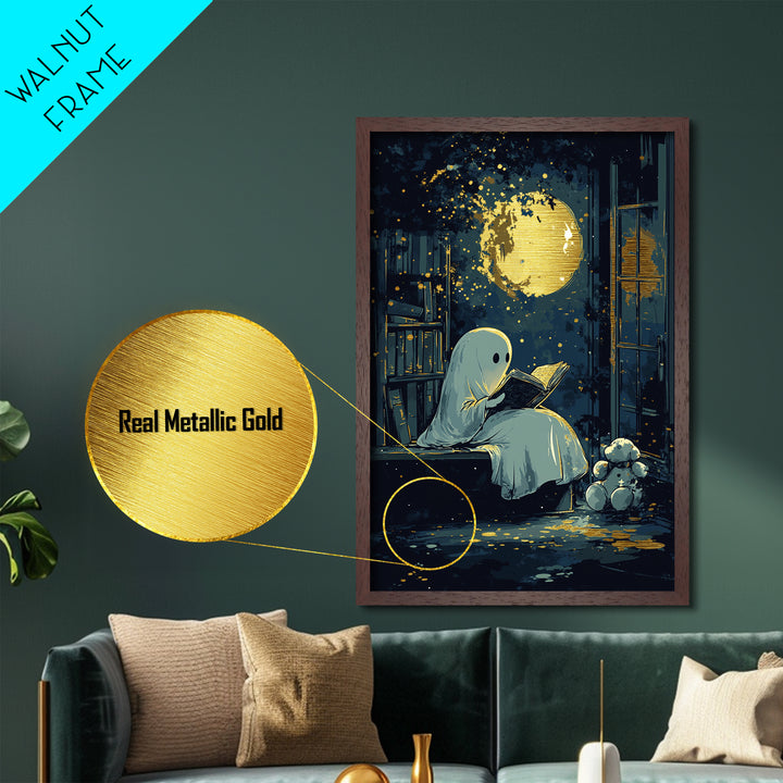 Cute Ghost Reading Under Moon, Metallic Gold Art, Whimsical Spooky Season Metal Art, Halloween Wall Print in Wooden Frame