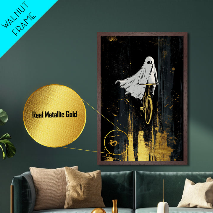 Playful Ghost On Bicycle Metallic Gold Art, Creepy Cute Metal Art, Halloween Haunted Season Wall Print Framed in Natural Wood