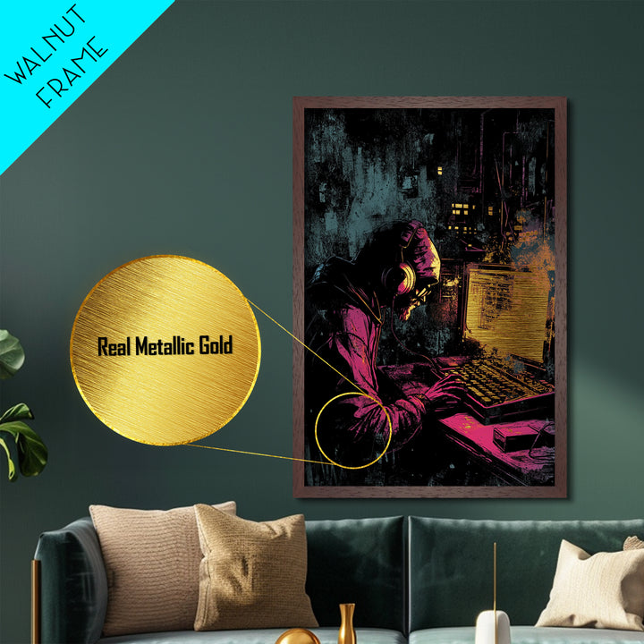 Cyberpunk Hacker Metallic Gold Art | Spooky Halloween Tech Wall Decor | Metal Art in Real Wood Frame
