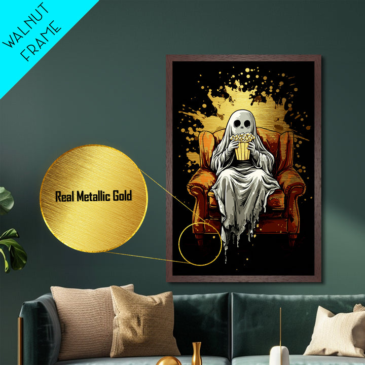 Cozy Ghost On Couch With Popcorn Metallic Gold Art | Spooky Movie Night Metal Art With Real Wood Frame For Halloween