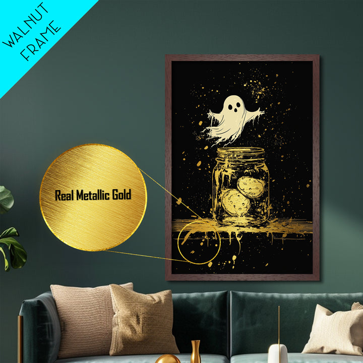 Haunted Cookie Jar Metallic Gold Art | Cute Ghost Metal Art Wall Decor In Rustic Real Wood Frame For Spooky Season