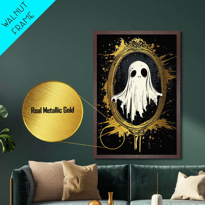 Haunted Mirror Metallic Gold Art | Gothic Ghost Metal Art Framed In Solid Real Wood For Spooky Season Wall Decor
