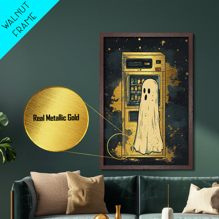 Ghost At Vending Machine Metallic Gold Art | Quirky Haunted Metal Art Spooky Season Wall Hanging In Real Wood Frame