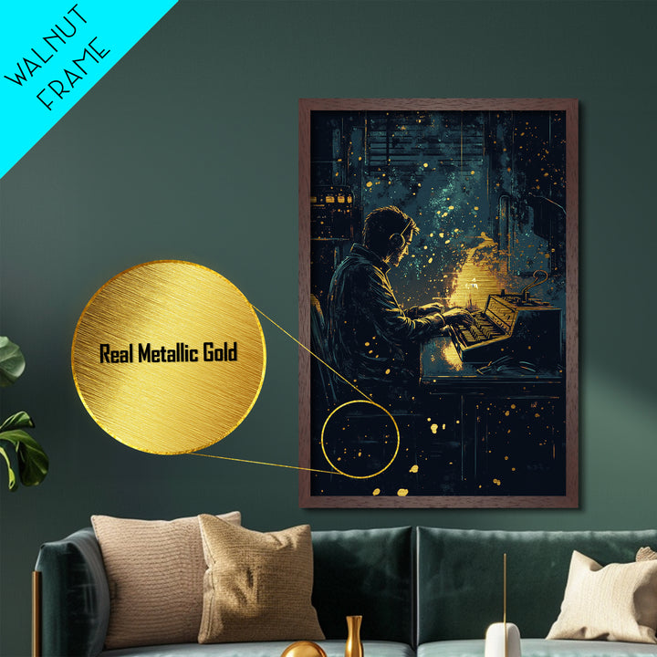 Haunted Musician Metallic Gold Art | Spooky Candlelight Halloween Wall Decor | Metal Art with Real Wood Frame
