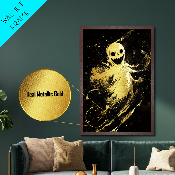 Sinister Smiling Spirit Metallic Gold Art | Horror Ghost Metal Art Framed In Authentic Real Wood For Spooky Season