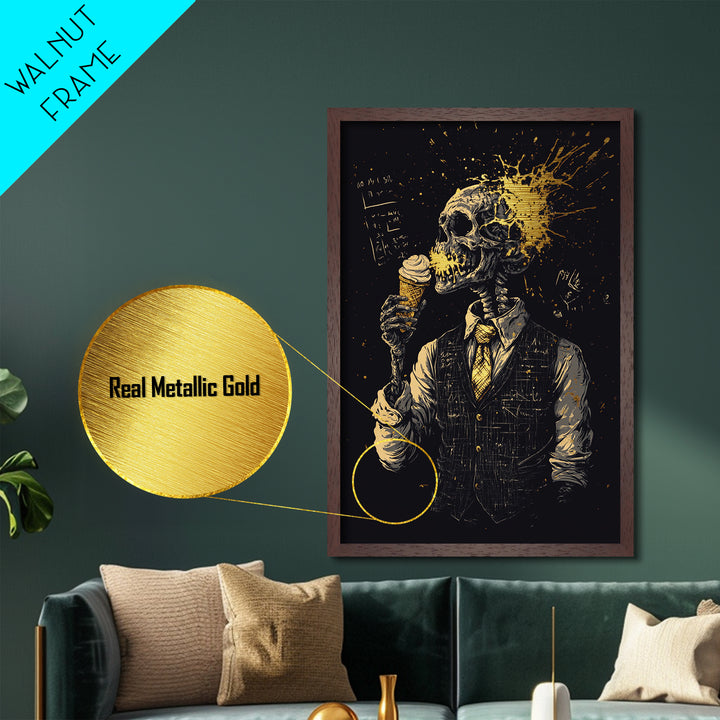 Skeleton with Ice Cream Metallic Gold Art, Creepy Metal Art Illustration Framed in Real Wood, Spooky Season Wall Décor