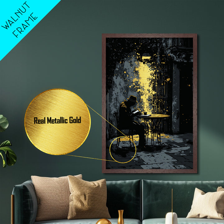 Mysterious Reader in Alley Metallic Gold Art, Spooky Metal Art Scene with Real Wood Framed Gothic Halloween Illustration