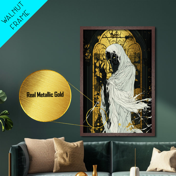 Dark Phantom in Chapel Metallic Gold Art, Gothic Horror Metal Art Print with Handcrafted Wood Frame, Spooky Season Wall
