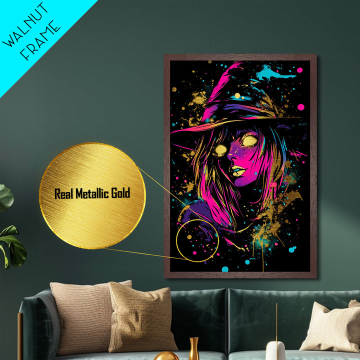 Neon Witch Metallic Gold Art | Vibrant Spooky Halloween Wall Art | Metal Art Glow Effect in Real Wood Frame
