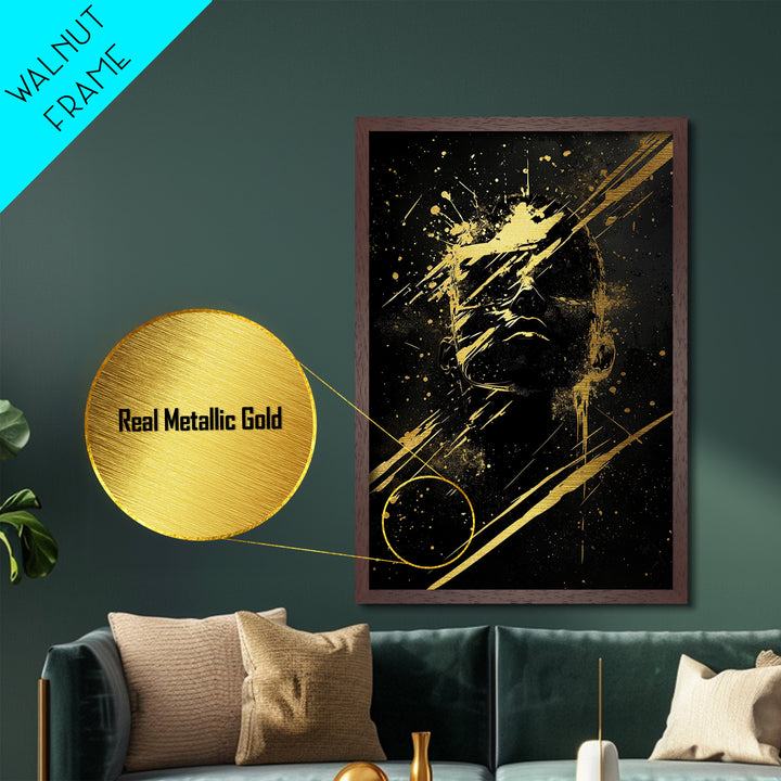 Haunted Silhouette Metallic Gold Art, Dark Gothic Spooky Metal Art Halloween Wall Print, Framed Horror Decor in Natural Wood