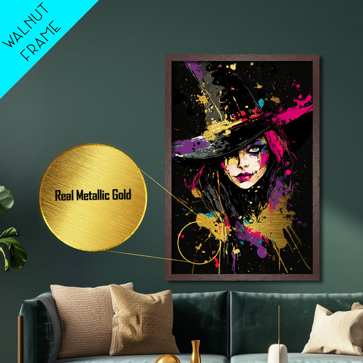 Creepy Witch Face Metallic Gold Art | Spooky Splatter Halloween Wall Decor | Metal Art in Real Wood Frame