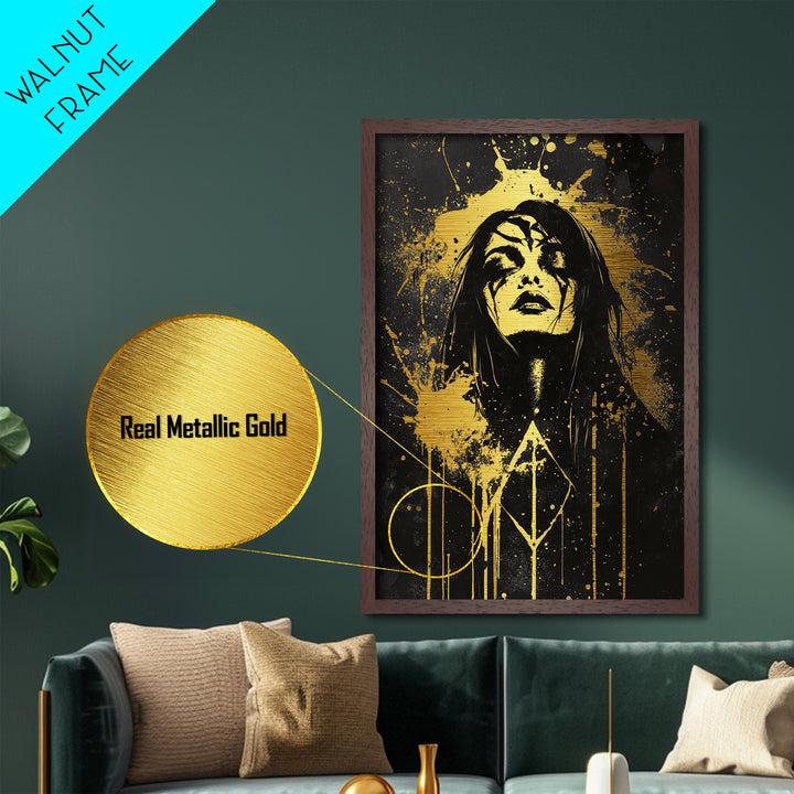 Haunted Sorceress Portrait Metal Art – Metallic Gold Art Halloween Wall Hanging, Gothic Style, Mounted in Natural Wood Frame