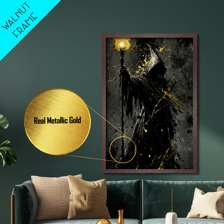 Dark Wizard Silhouette Metal Art – Metallic Gold Art Spooky Gothic Decor, Halloween Wall Print with Real Wood Frame
