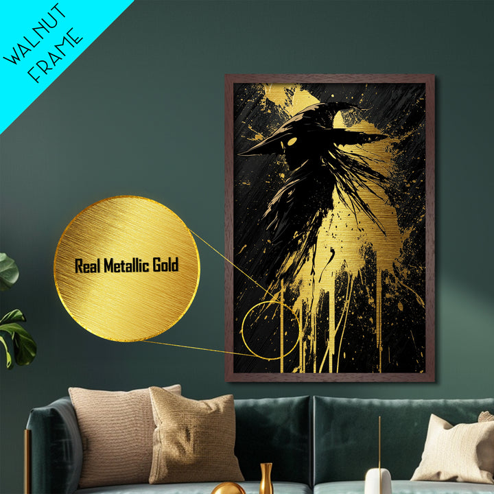 Mystical Plague Doctor Mask Metallic Gold Art – Spooky Season Metal Art Gothic Halloween Wall Print, Framed in Authentic Wood