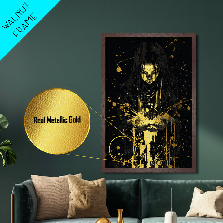 Mystic Sorceress Hands Metallic Gold Art – Halloween Metal Art Print with Glowing Magic, Spooky Wall Hanging in Wood Frame