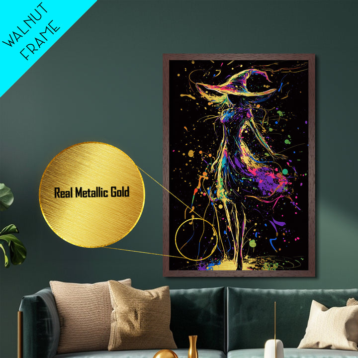 Mystical Witch Silhouette Metallic Gold Art | Spooky Halloween Wall Art | Metal Art with Real Wood Frame