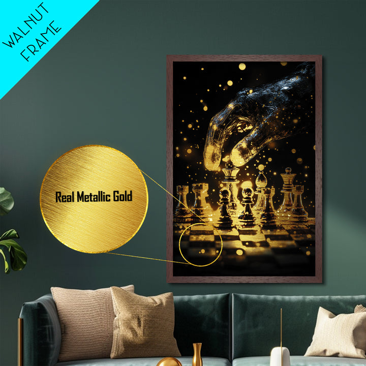 Mystic Chessboard Hand Metallic Gold Art, Haunted Gothic Metal Art With Real Wood Framing, Spooky Halloween Decor For Home