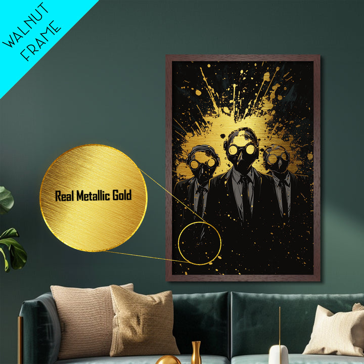 Sinister Trio In Gas Masks Metallic Gold Art, Horror Gothic Metal Art With Real Wood Frame, Creepy Halloween Spooky Wall Art