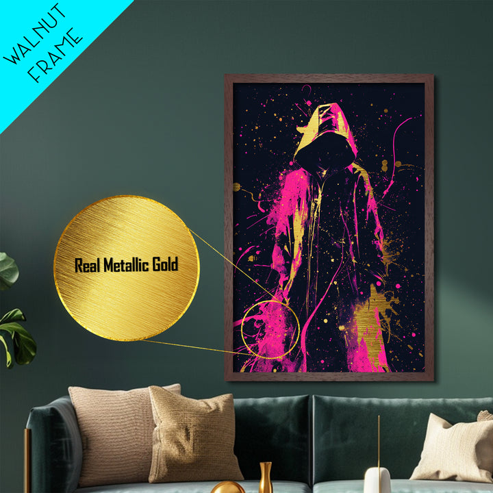Neon Hooded Phantom Metallic Gold Art, Gothic Spooky Season Metal Art With Real Wood Frame, Haunted Halloween Wall Decoration
