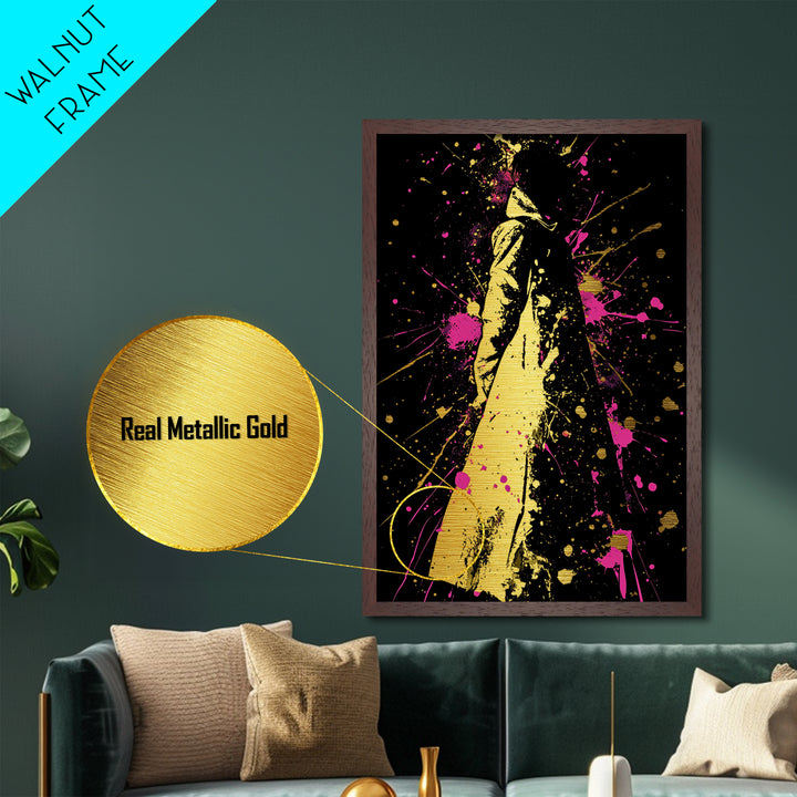 Vivid Cloaked Shadow Metallic Gold Art, Horror Gothic Halloween Metal Art Framed In Real Wood, Creepy Spooky Season Artwork