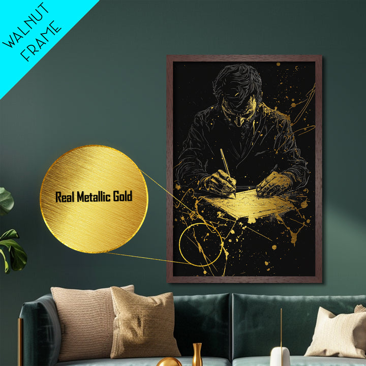 Haunted Writer At Desk Metallic Gold Art, Gothic Horror Halloween Metal Art In Real Wood Frame, Spooky Season Wall Decoration
