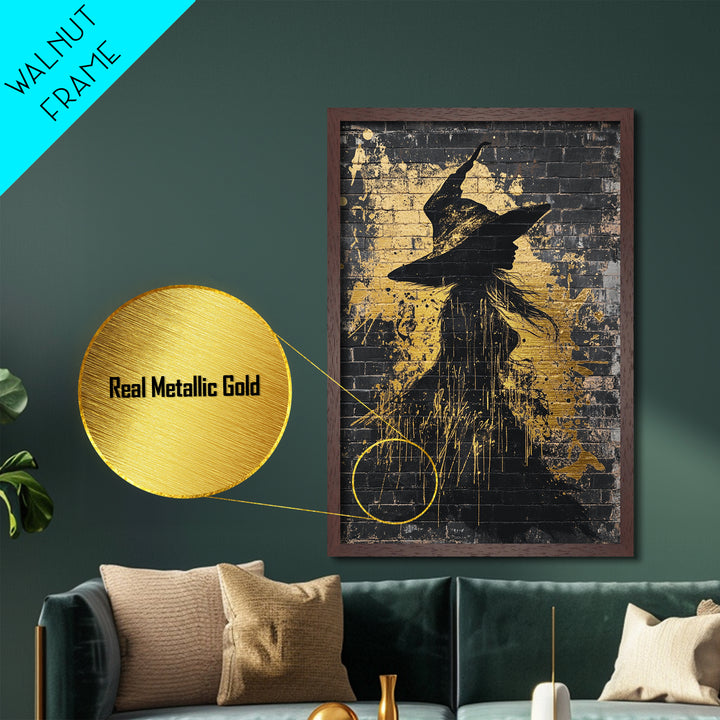 Witch Graffiti Metallic Gold Art | Spooky Halloween Street Style Wall Decor | Metal Art in Real Wood Frame