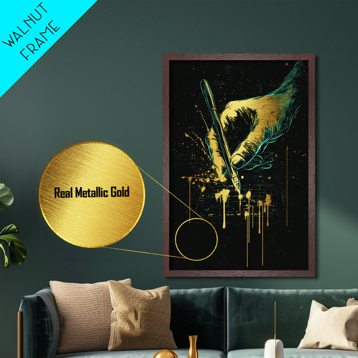 Creepy Hand With Pen Metallic Gold Art, Horror Gothic Halloween Metal Art With Natural Wood Framing, Spooky Haunted Wall Decor