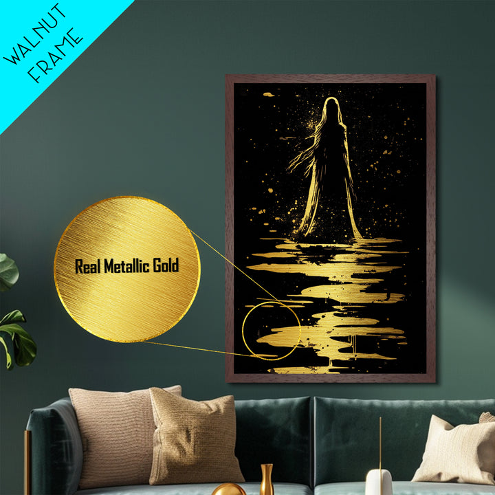 Haunted Silhouette Metallic Gold Art, Spooky Season Wall Decor, Gothic Horror Metal Art Framed in Real Wood