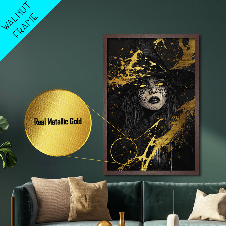 Dark Sorceress Metallic Gold Art, Witchy Halloween Metal Art with Gothic Vibes, Framed in Real Wood