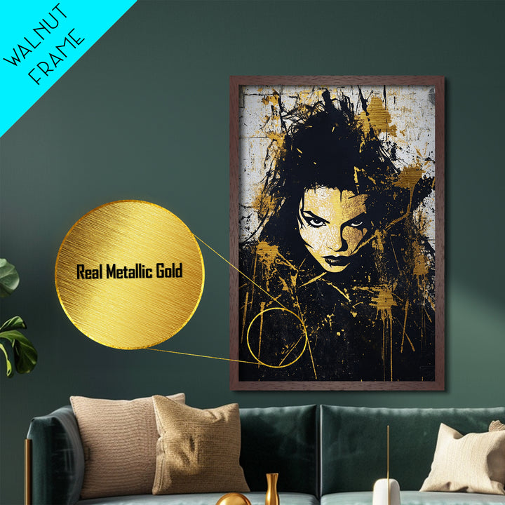 Haunted Graffiti Face Metallic Gold Art, Gothic Halloween Wall Decor, Horror Metal Art Portrait in Natural Wood Frame