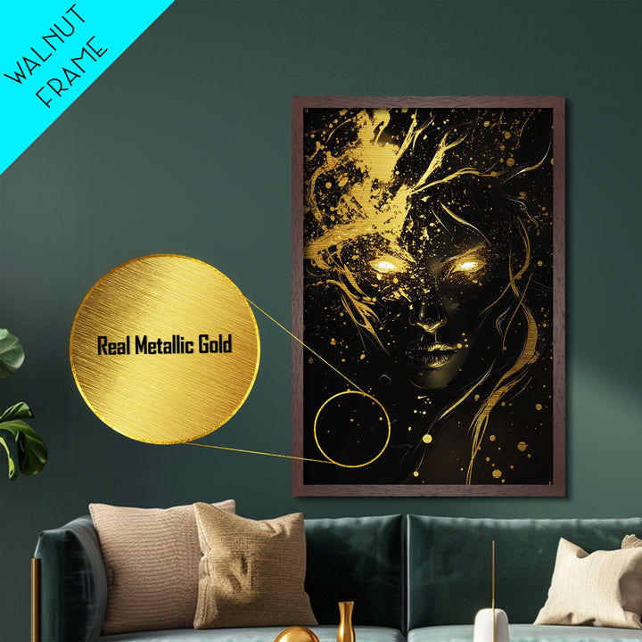 Glowing Eyes Metallic Gold Art, Spooky Season Witchy Horror Portrait, Gothic Metal Art in Real Wood Frame