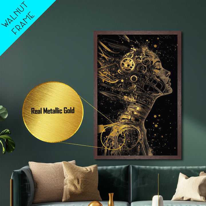 Metallic Gold Art Cyberpunk Automaton Portrait | Gothic Halloween Metal Art Wall Decor | Framed in Real Natural Wood