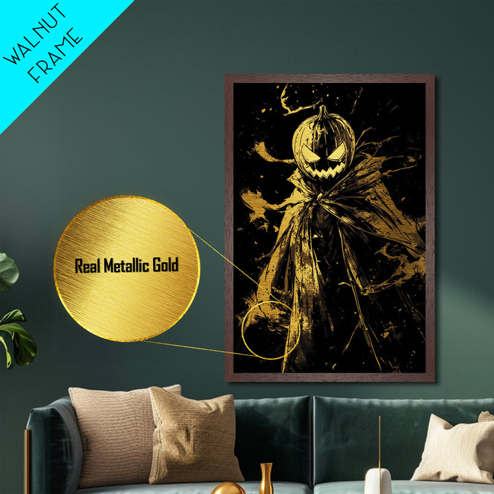 Spooky Pumpkin Head Scarecrow Metallic Gold Art | Creepy Halloween Metal Art Print | Haunted Wall Hanging with Wood Frame