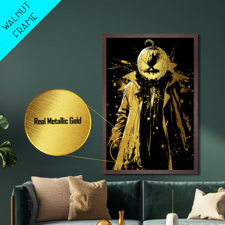 Metallic Gold Art Jack O Lantern Villain | Horror Halloween Metal Art Home Wall Decor | Real Wood Frame Gothic Display