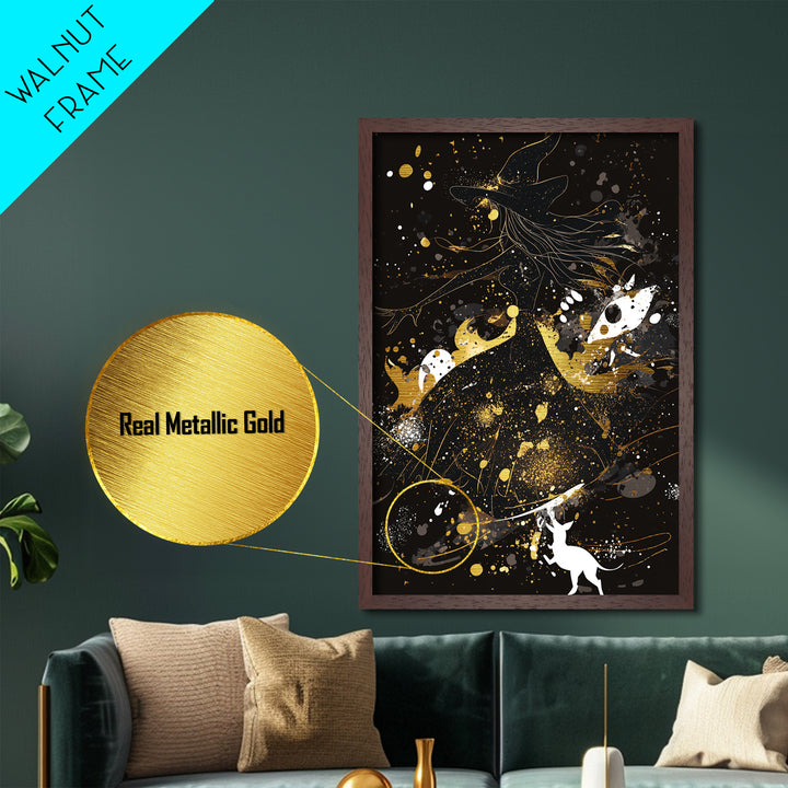 Witchy Woman Metallic Gold Art Silhouette | Spooky Season Halloween Metal Art Print | Natural Wood Framed Wall Hanging