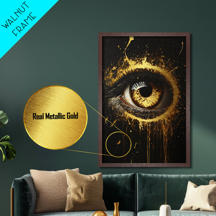 Haunted Eye Metallic Gold Art | Horror Gothic Halloween Metal Art Print | Creepy Spooky Season Wall Art in Real Wood Frame