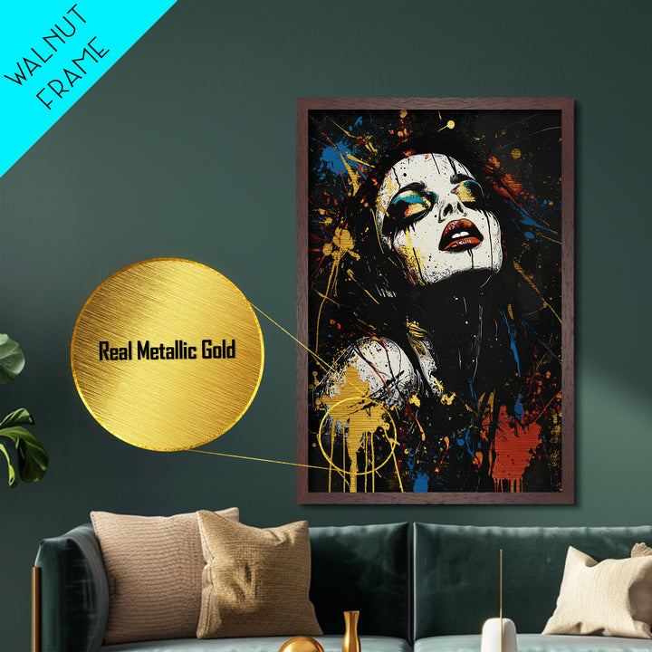 Metallic Gold Art Gothic Clown Woman | Spooky Halloween Metal Art Portrait | Creepy Horror Wall Art Framed in Real Wood