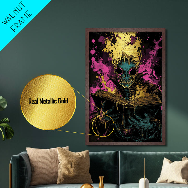 Haunted Skull Reader Metallic Gold Art | Horror Gothic Halloween Metal Art Print | Creepy Spooky Wall Decor with Wood Frame