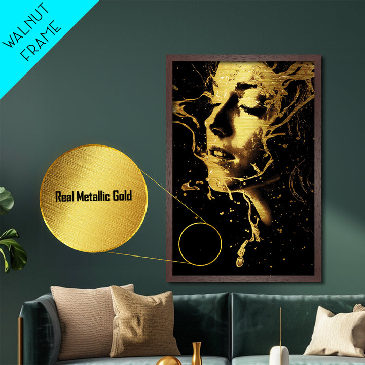 Witchy Woman Portrait Metal Art, Metallic Gold Art in Natural Wood Frame, Creepy Halloween Wall Hanging Gothic Décor