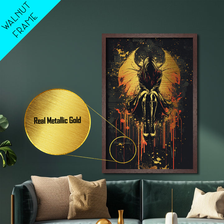 Dark Angel With Fiery Wings, Gothic Metal Art Print, Metallic Gold Art For Spooky Season Framed In Solid Wood