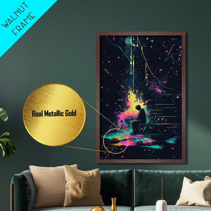Lonely Figure On Bench, Cosmic Splatter Halloween Metallic Gold Art, Gothic Metal Art With Framing In Real Wood