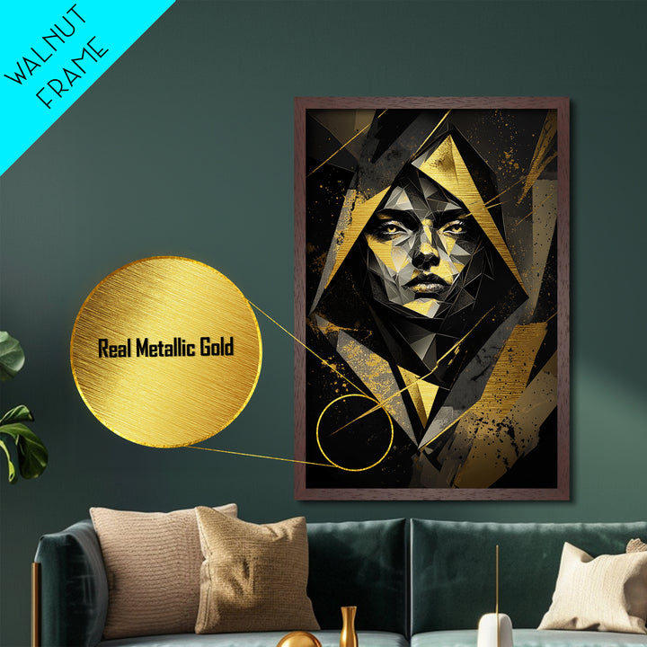 Geometric Gothic Portrait, Halloween Inspired Metallic Gold Art, Unique Metal Art Print In A Handcrafted Wooden Frame