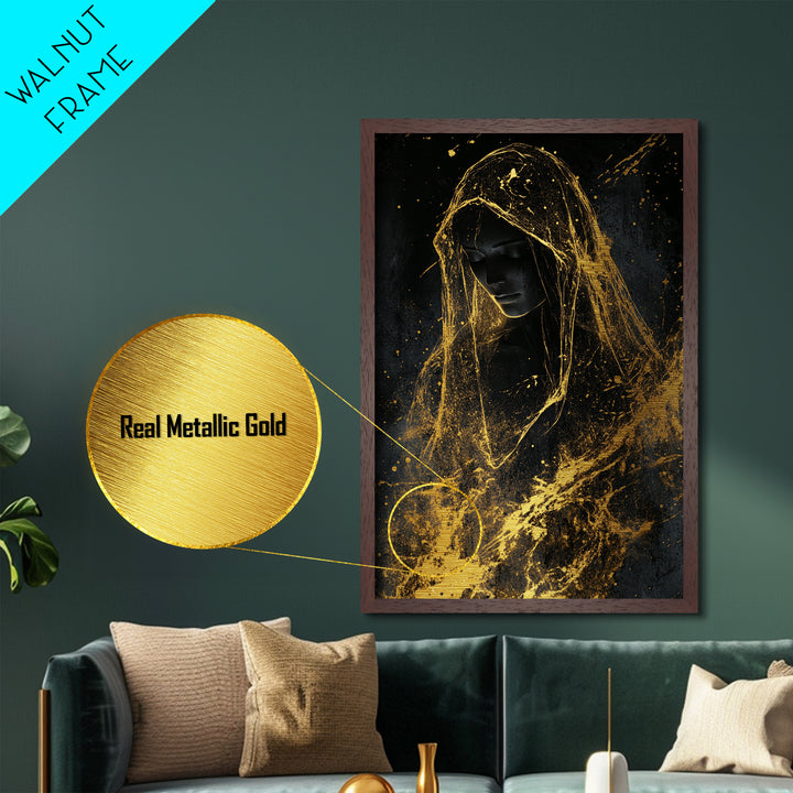 Golden Veil Haunted Figure, Metallic Gold Art Gothic Metal Art For Spooky Halloween Wall Décor, Framed In Real Wood