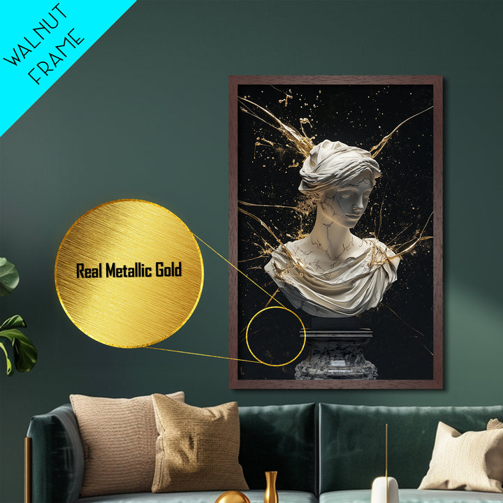 Classical Marble Witch Goddess Bust – Metallic Gold Art, Halloween Metal Art Print in Real Wood Frame, Elegant Spooky Decor
