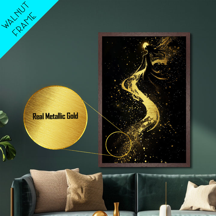Celestial Witch Ascending, Halloween Metallic Gold Art, Spooky Gothic Metal Art Framed In Elegant Handcrafted Wooden Frame
