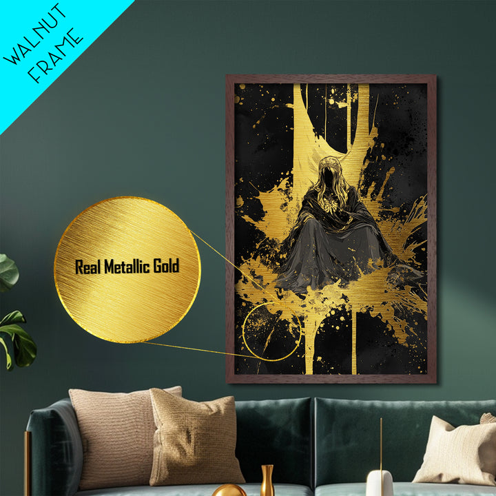 Dark Occult Throne Metallic Gold Art Metal Art Halloween Gothic Horror Wall Art Framed In Real Wood Spooky Season Decor