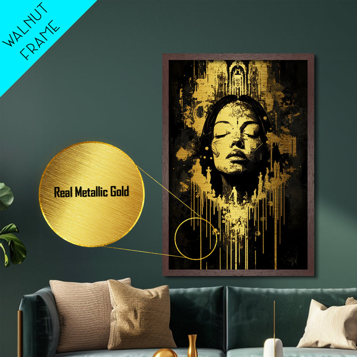 Mystic Dreamer Metallic Gold Art Metal Art Halloween Wall Art Witchy Haunted Gothic Portrait Framed In Real Wood Frame