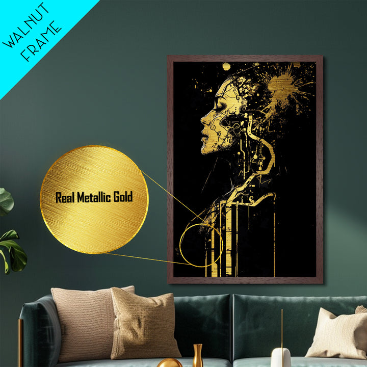 Cyberpunk Witch Metallic Gold Art Metal Art Gothic Halloween Portrait Spooky Futuristic Decor In Natural Wood Frame
