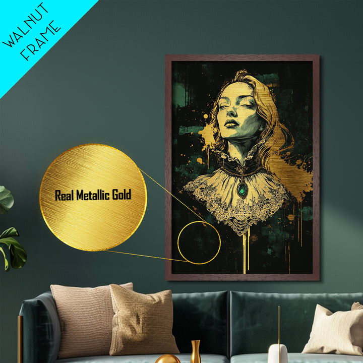 Gothic Victorian Woman Portrait Metallic Gold Art Metal Art Halloween Wall Decor Spooky Dark Academia Style in Real Wood Frame
